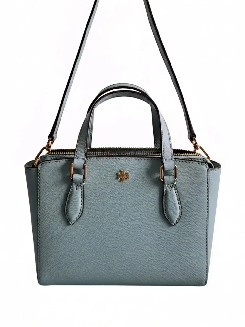 Tory Burch Light Blue Mini Saffiano Satchel with Gold Hardware